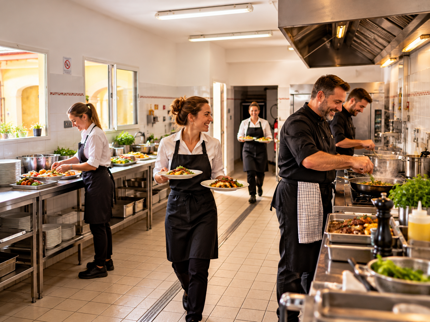 équipe joyeuse en cuisine professionnelle
